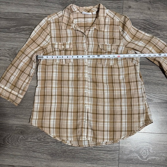St. John's Bay Women Beige Plaid Collared 3/4 Sleeve Button Down Shirt Shirt L - Picture 11 of 13